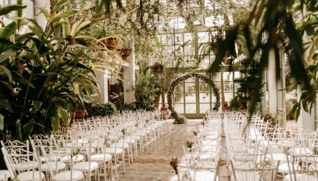 Picture of a large room with rows of white wooden chairs for guests. The place is mostly decorated with green plants.