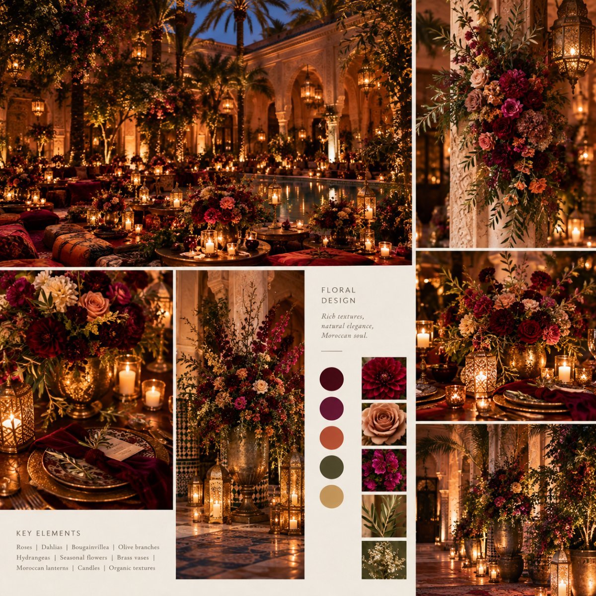 Moroccan wedding floral design in bordeaux and gold in Marrakech