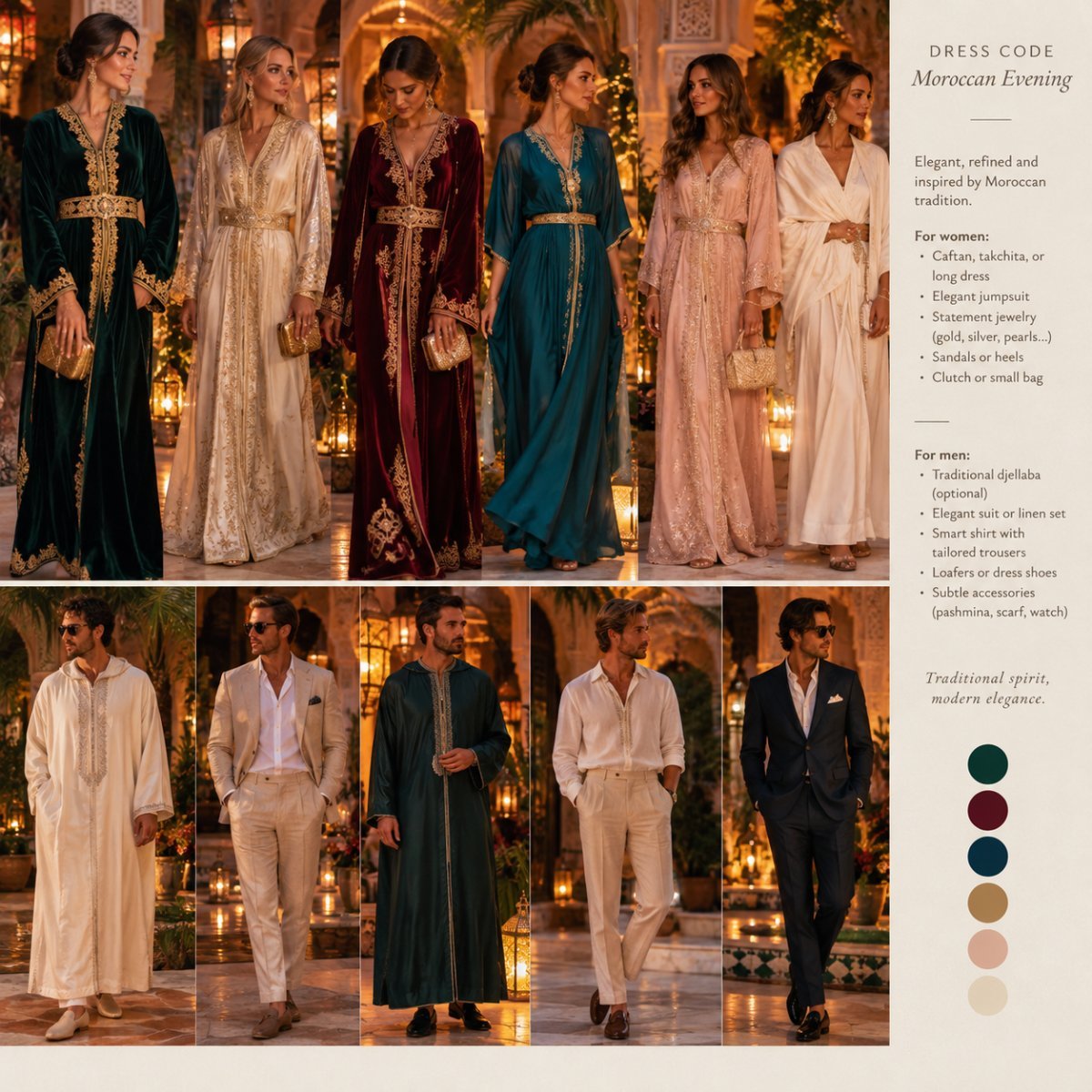 Moroccan evening wedding dress code with caftans and djellabas in Marrakech