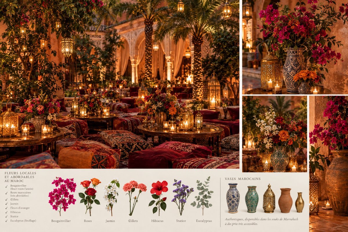 Local Moroccan wedding flowers and vases from the Marrakech souks