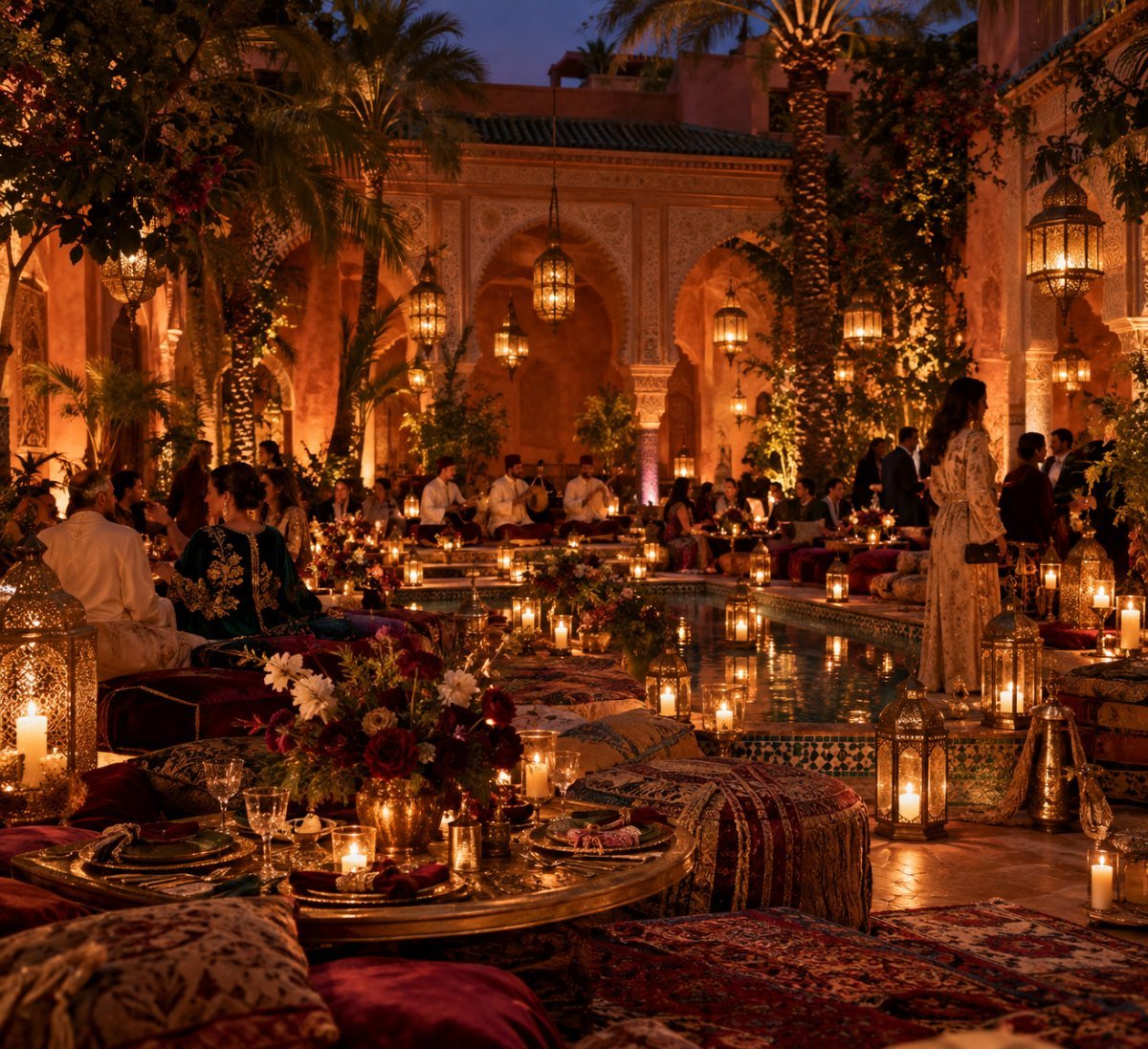 Luxury Moroccan wedding welcome evening in a candlelit Marrakech riad
