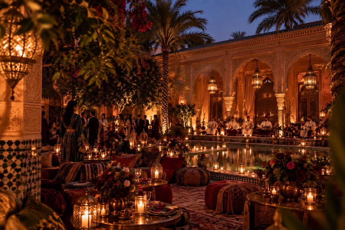 Majlis-style Moroccan wedding reception with brass lanterns in Marrakech