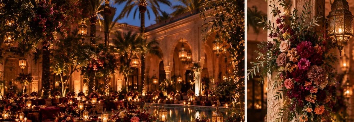 Moroccan wedding floral design in bordeaux and gold in Marrakech