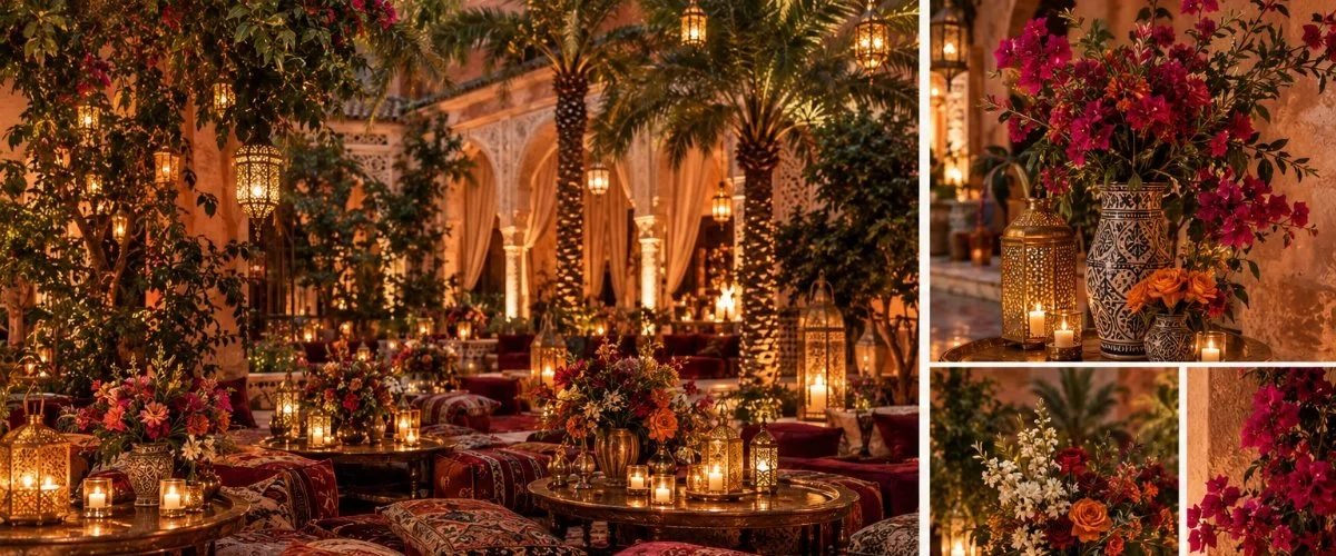 Local Moroccan wedding flowers and vases from the Marrakech souks