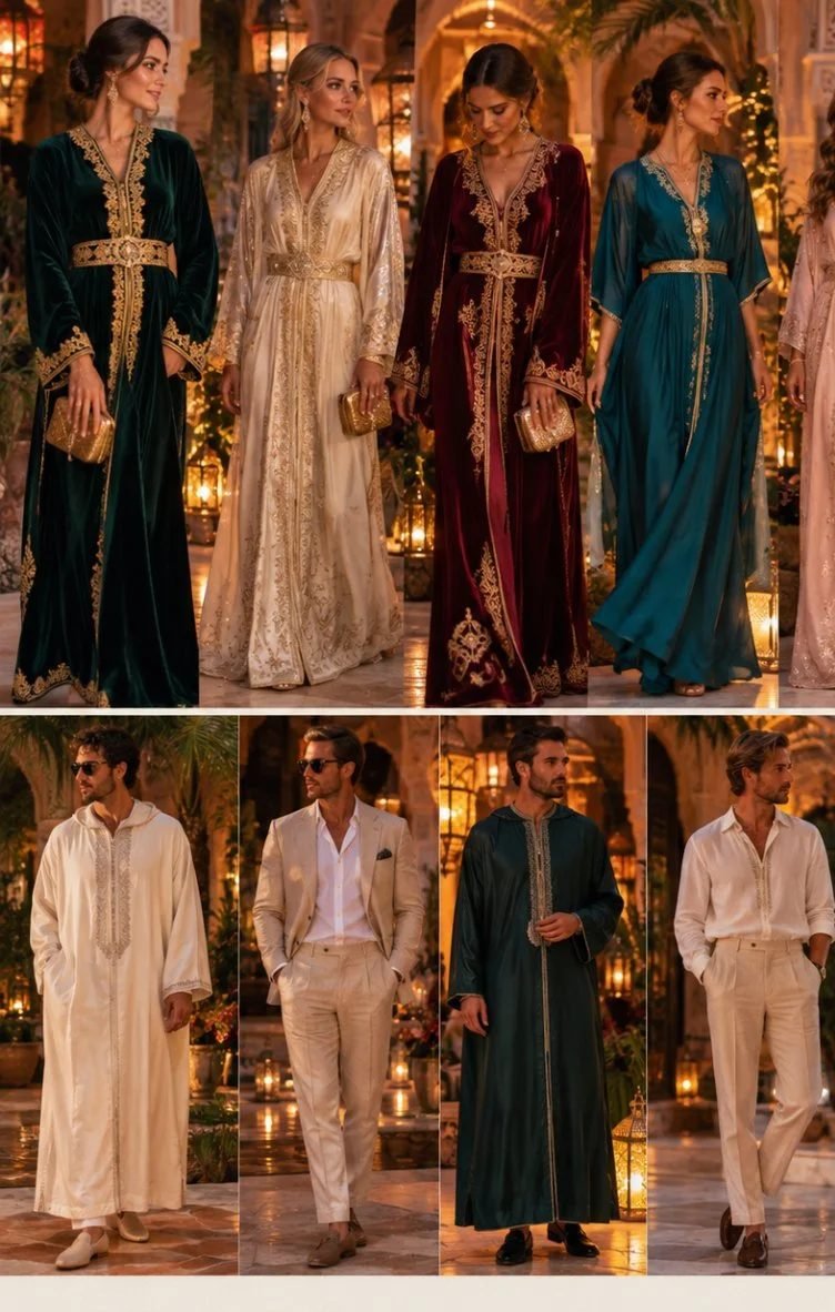 Moroccan evening wedding dress code with caftans and djellabas in Marrakech